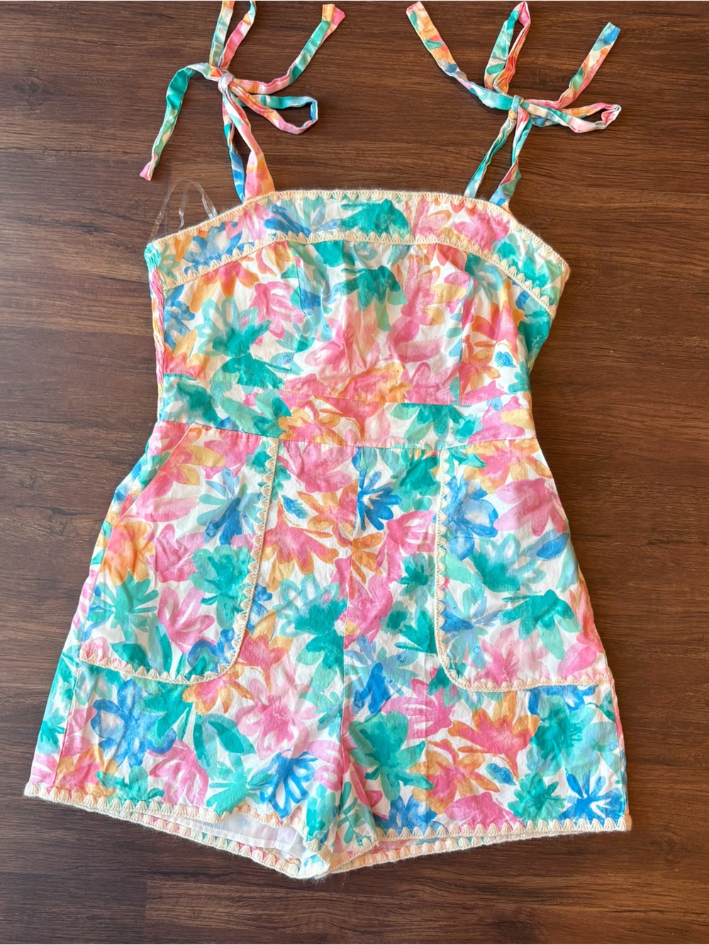 &merci Pastel Watercolor Floral Smocked Romper, Size Large, Cottagecore Coquette